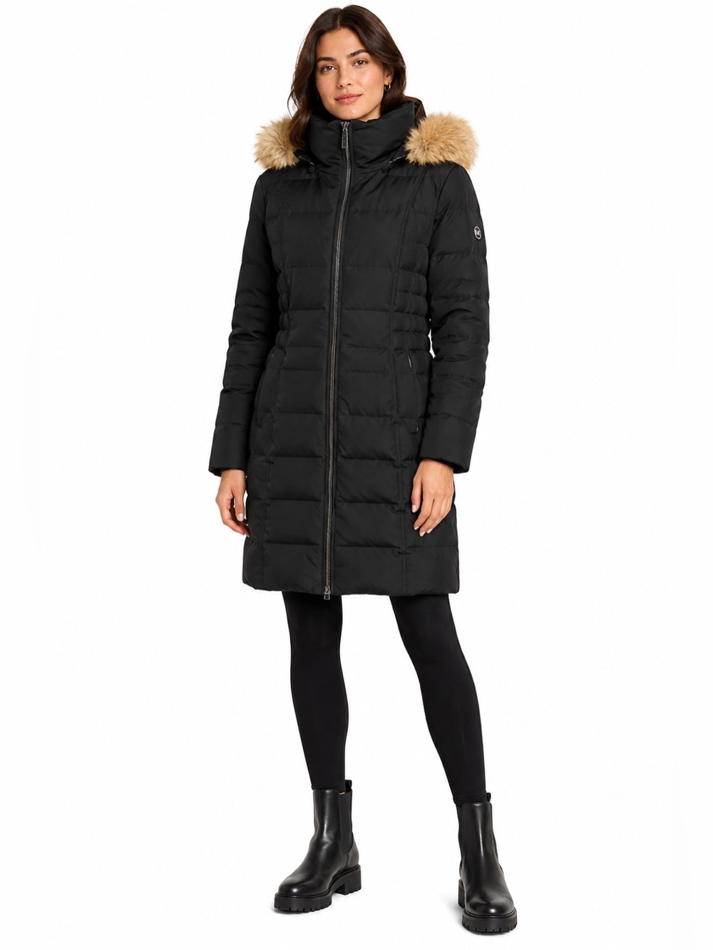Michael Kors Down Feather Fur Trim Hooded Puffer Coat Black Medium